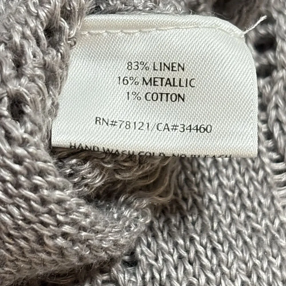Eileen Fisher Taupe ITALIAN Linen V Neck Open Knit Top XL Slouchy Oversized